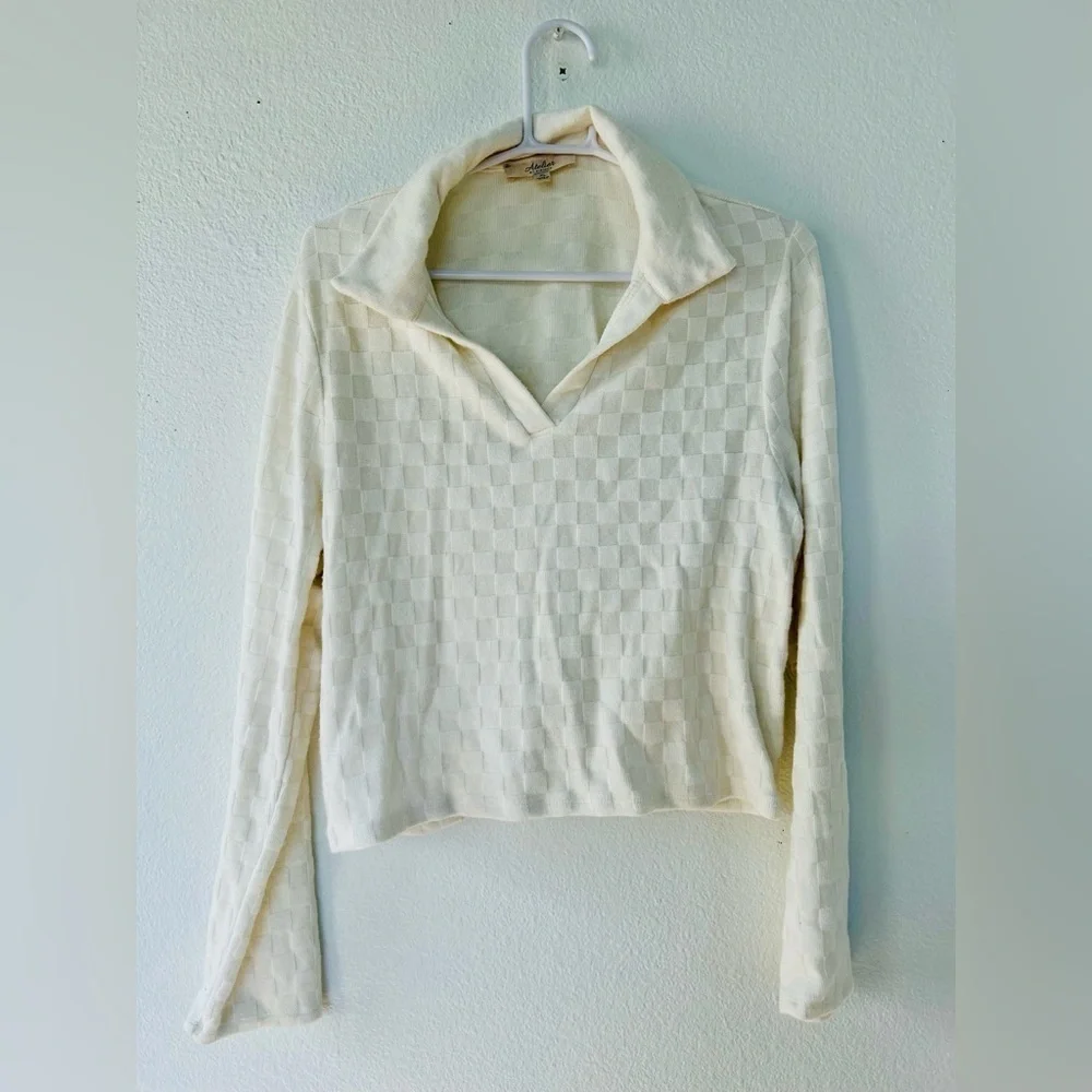Atelier by Kirious Long Sleeve Cropped Checkered Weave Cream Sweater | Sz XL
